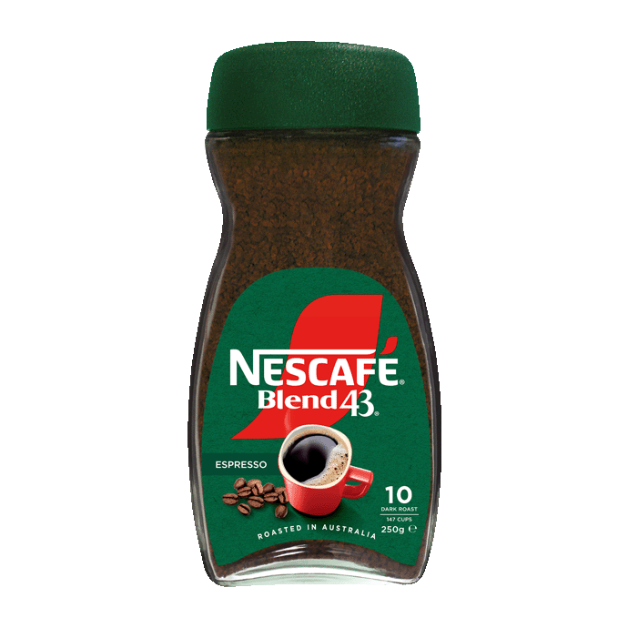 Nescafé Blend 43 instant coffee jar, 250g, green packaging with red cup image.