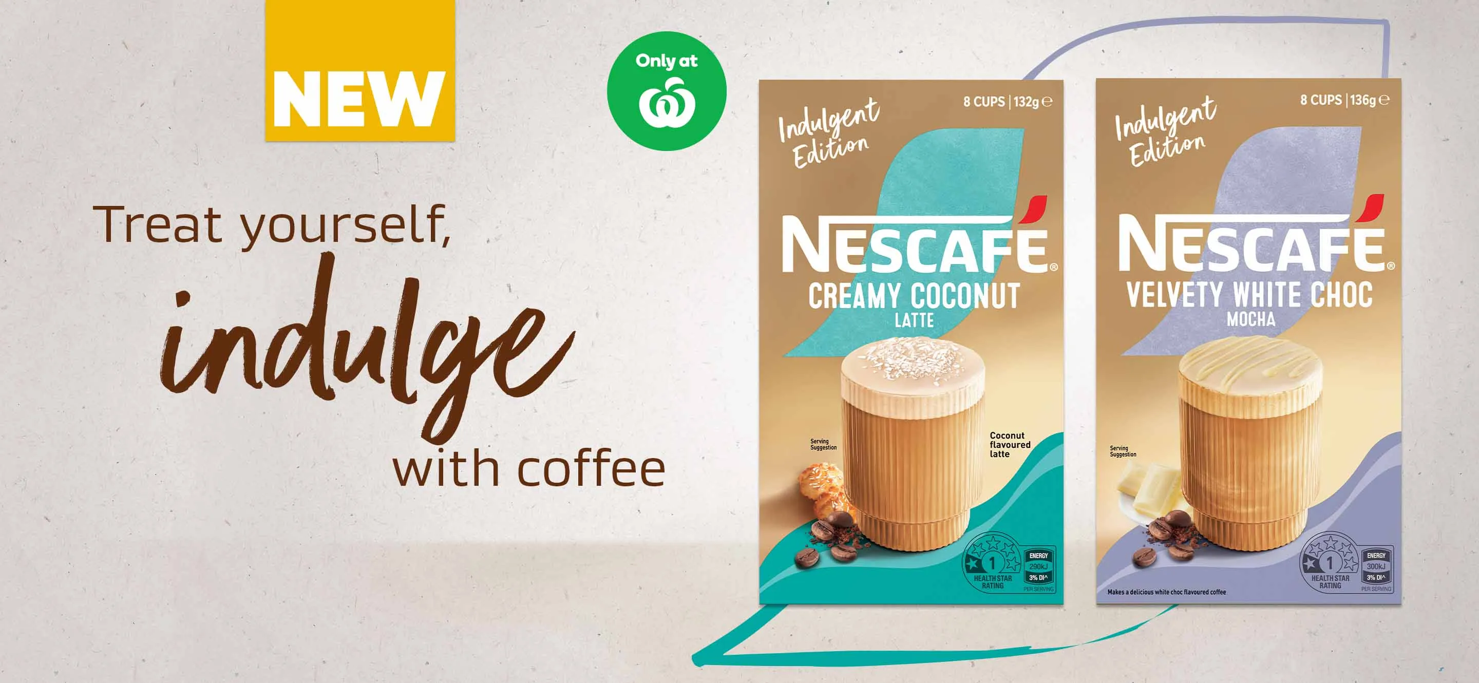 Nescafé coffee ad featuring Creamy Coconut Latte and Velvety White Choc Mocha products