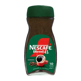Nescafé Blend 43 instant coffee jar, 250g, green packaging with red cup image.