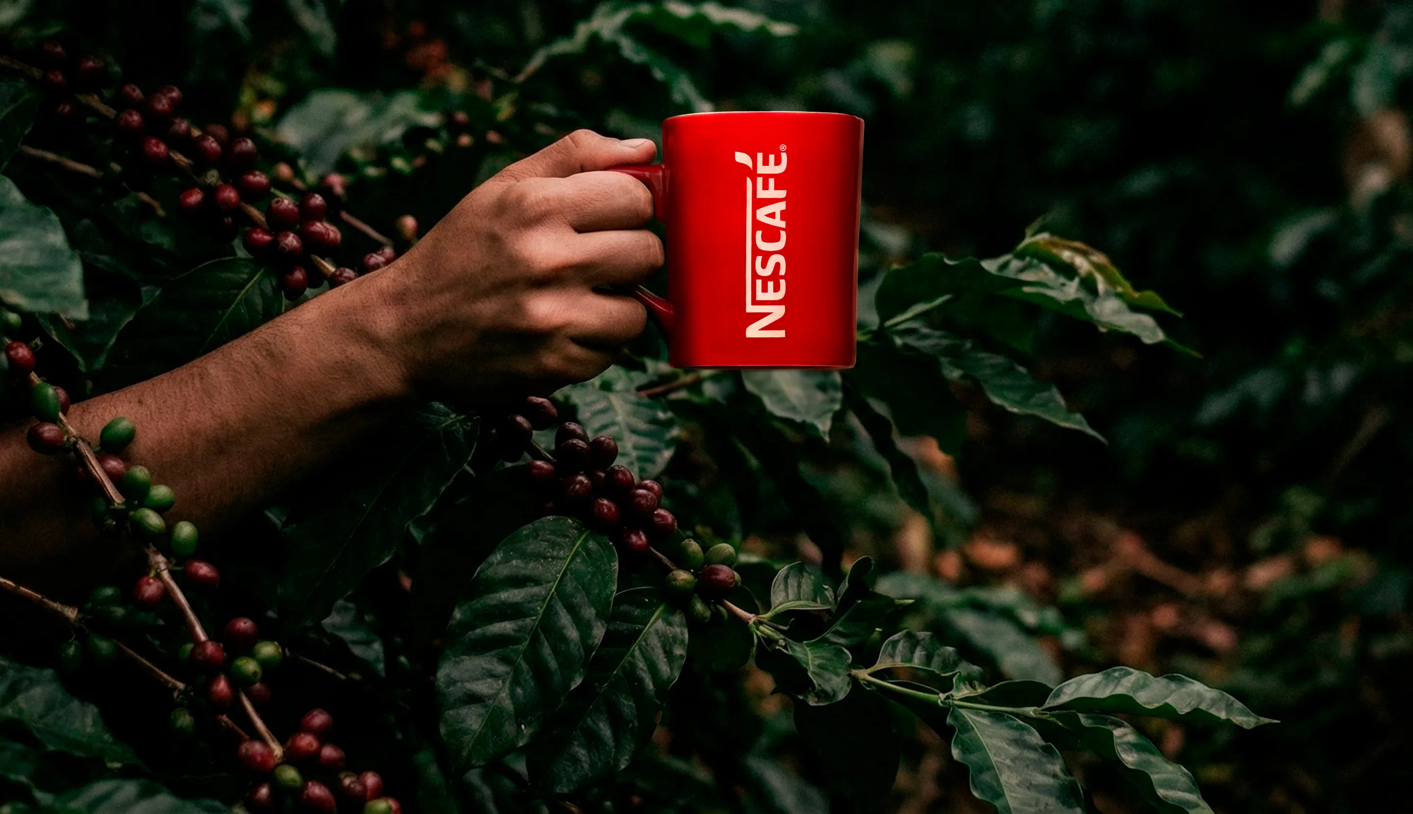 Caneca vermelha de Nescafé sendo segurada em meio à natureza