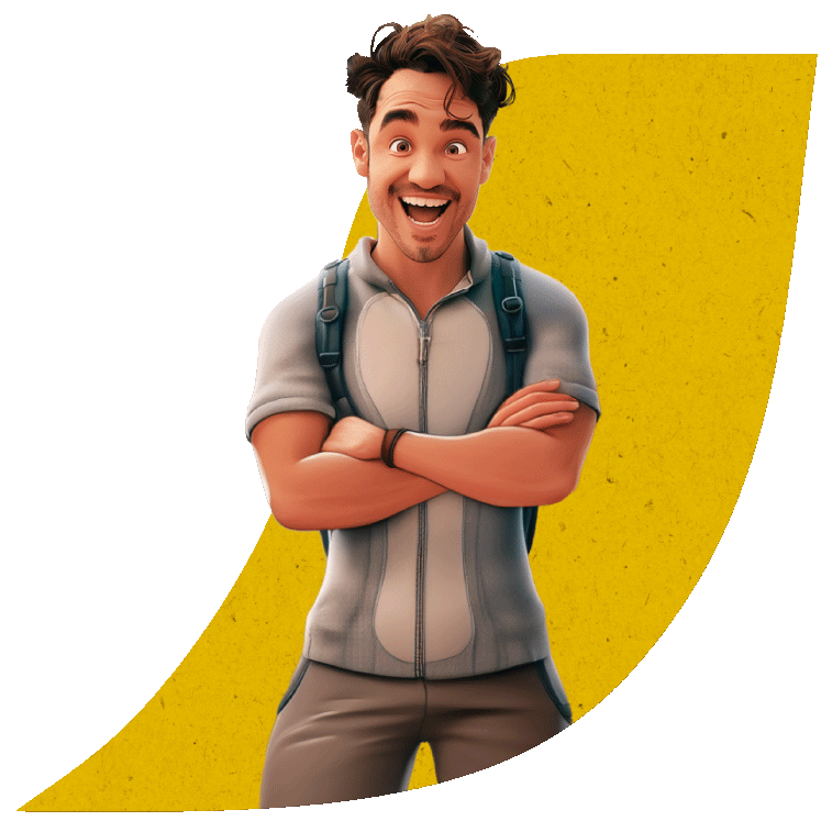 Cris con una mochila y brazos cruzados sonríe mirando de frente, en un fondo de papel reciclado amarillo como textura