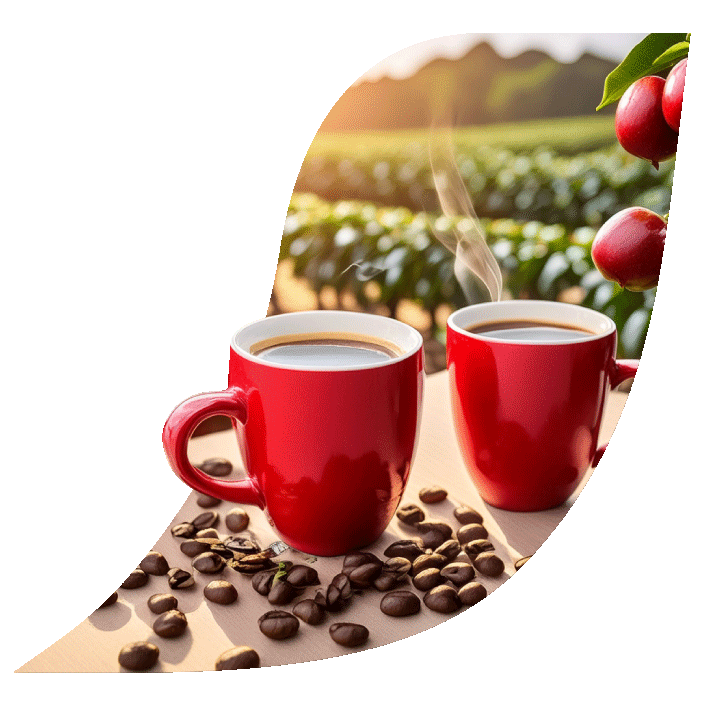 Dos tazas de café y café en granos sobre una mesa iluminada por el sol matutino en un paisaje rodeado de cafetales