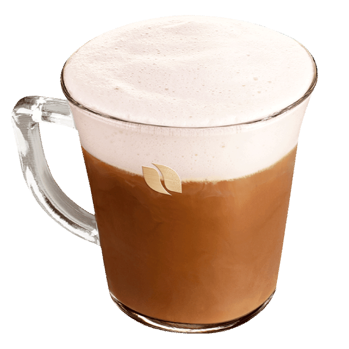 Taza de vidrio con un café nescafé espumoso moka blanco 