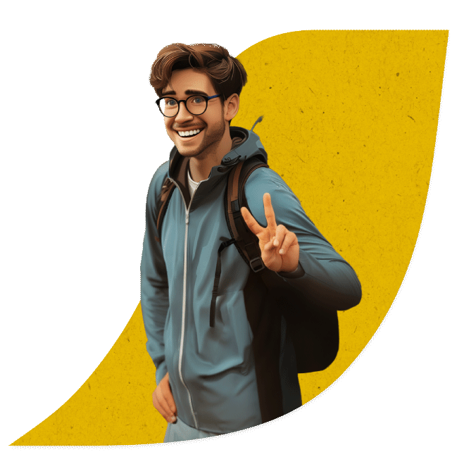 Mati sonríe y saluda con su mochila en un fondo de textura de papel reciclado amarillo