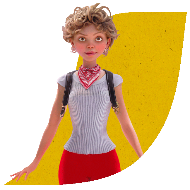 Sofi segura mirando de frente con su mochila en un fondo de textura de papel reciclado amarillo