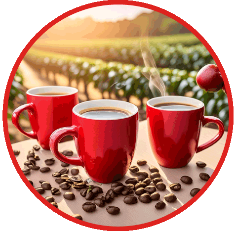 Tazas de café posadas sobre una mesa que también tiene granos de café de distintas variedades. En una cata de café.