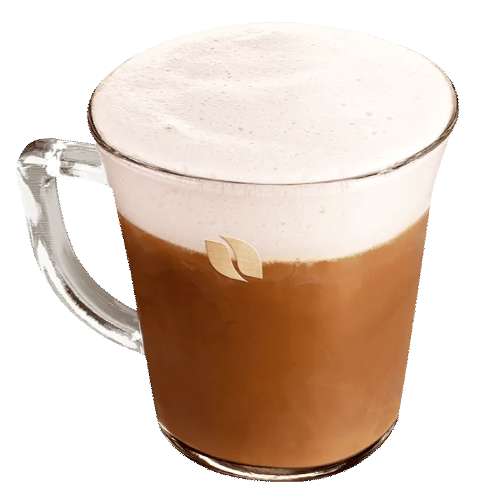 Taza de vidrio con un café nescafé espumoso moka blanco 