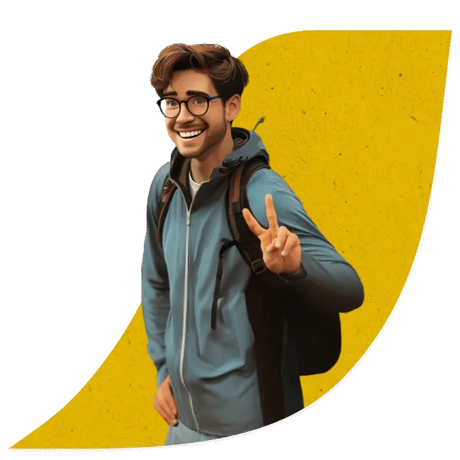 Mati sonríe y saluda con su mochila en un fondo de textura de papel reciclado amarillo