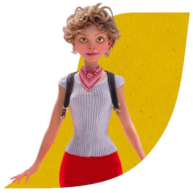Sofi segura mirando de frente con su mochila en un fondo de textura de papel reciclado amarillo