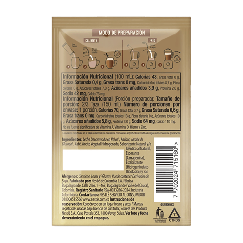 Vainilla latte sachet back