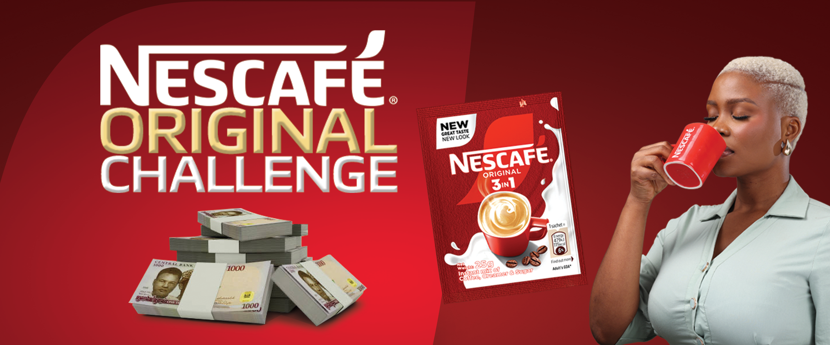 An excited man in a black shirt, holding a red NESCAFÉ mug