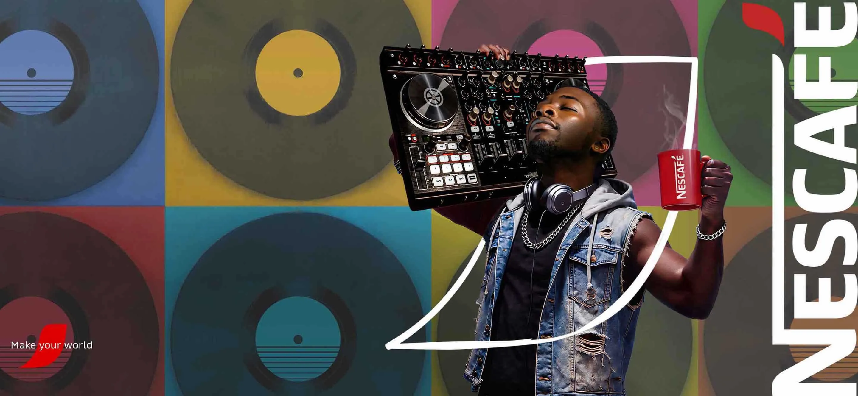Cool Gen Z DJ holding a mixer and a NESCAFÉ mug 