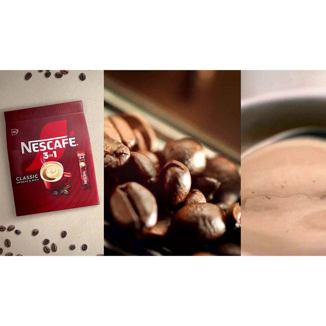 A NESCAFÉ 3v1, kávová zrna a jemná pěna na jednom obrázku