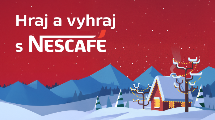 Zimní ilustrace s horskou krajinou, zasněženou chatou a vánoční výzdobou, doplněná textem „Hraj a vyhraj s Nescafé“