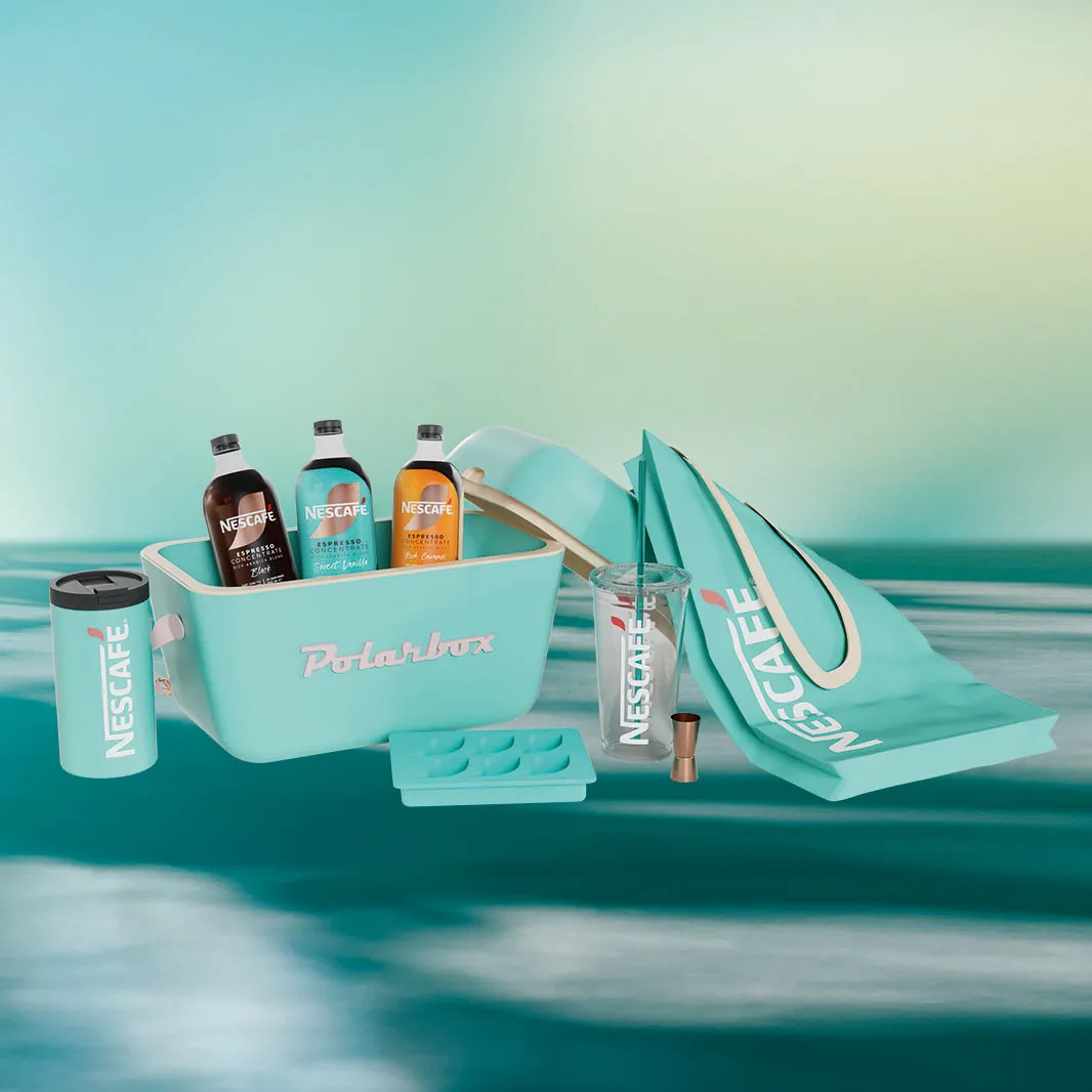 NESCAFÉ® Espresso Concentrate Sample, Iced Coffee und Gewinnspiel-Accessoires mit Polarbox, Becher, Jigger und Eiswürfel-Tray
