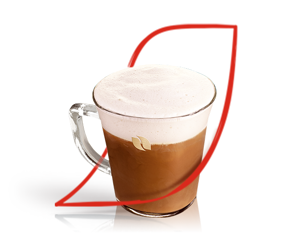 A glass coffee mug with frothy coffee inside