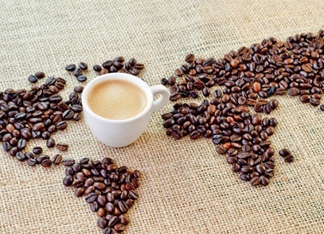 A world map made of coffee beans