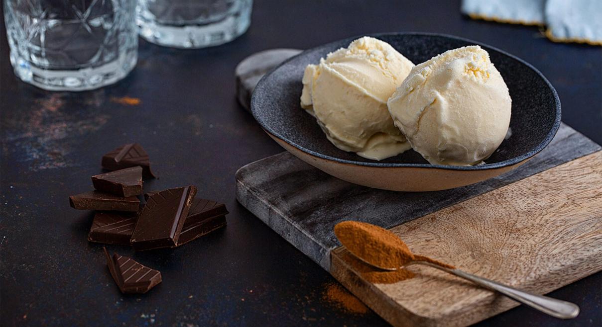 ice cream and black chocolate on table