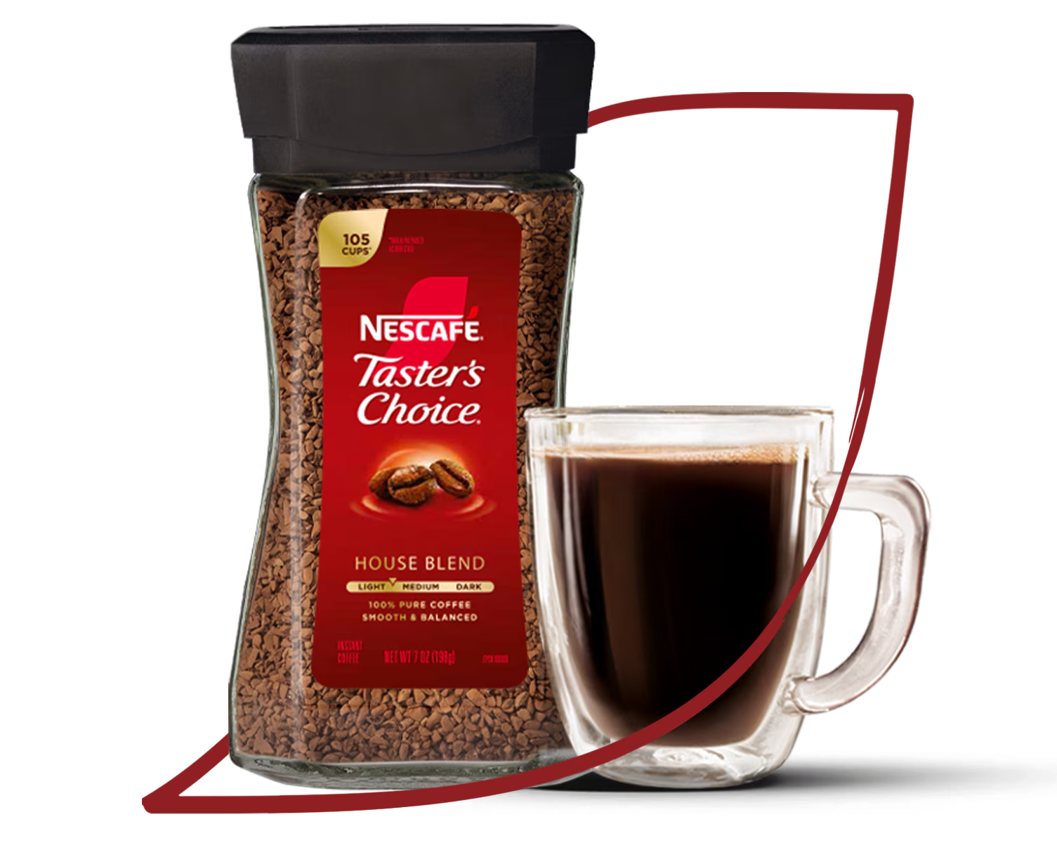 Envase de NESCAFÉ® Taster’s Choice® junto a una taza llena de café en el contorno del logo.