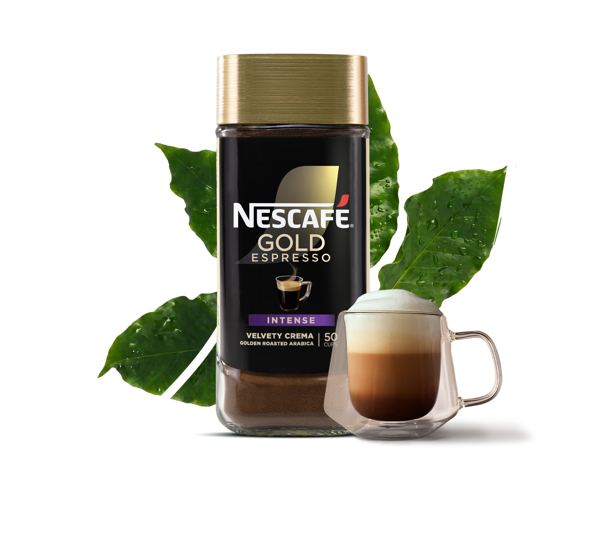 NESCAFÉ® Gold Intense Espresso packaging next to a leaf and mug of espresso in a leaf outline on a green surface.