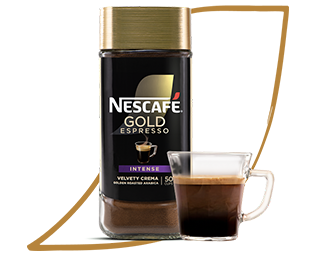 NESCAFÉ® Gold packaging next to a mug of espresso in a logo outline.