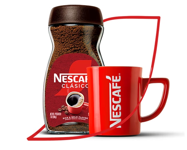 NESCAFÉ® Clásico™ packaging next to a Nescafé® mug in a logo outline.