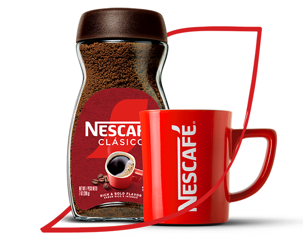 Envase de NESCAFÉ® Clásico™ junto a una taza de Nescafé® en el contorno del logo.