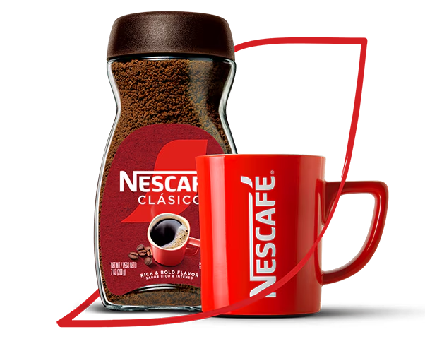 Envase de NESCAFÉ® Clásico™ junto a una taza de Nescafé® en el contorno del logo.