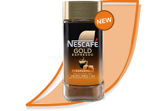 Jar of Nescafé Gold instant espresso on orange background with 'New' badge