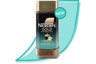 NESCAFÉ Gold instant coffee jar with teal swoosh background and "NEW" badge