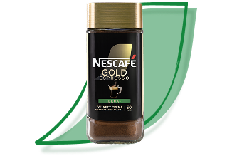 NESCAFÉ® Gold Espresso Decaf packaging on a green leaf icon.