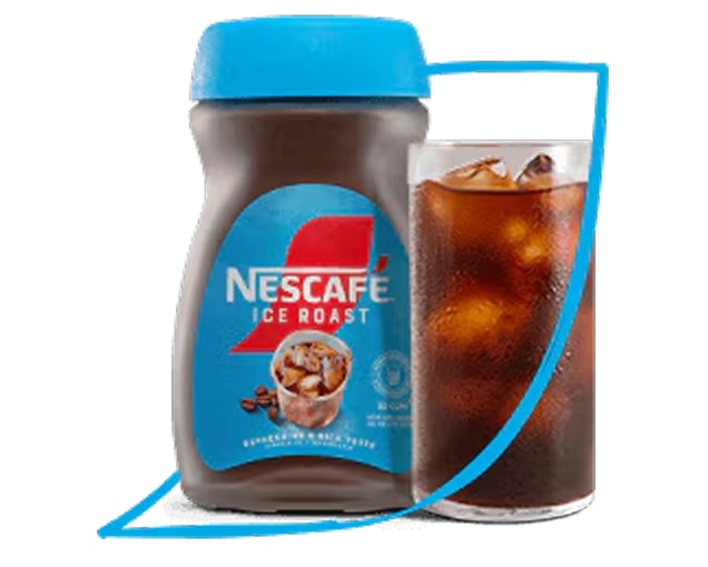 NESCAFÉ® Ice Roast packaging next to a glass of coffee filled with ice in a logo outline.
