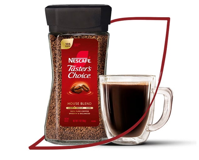NESCAFÉ® Taster’s Choice® packaging next to mug filled with coffee in a logo outline.