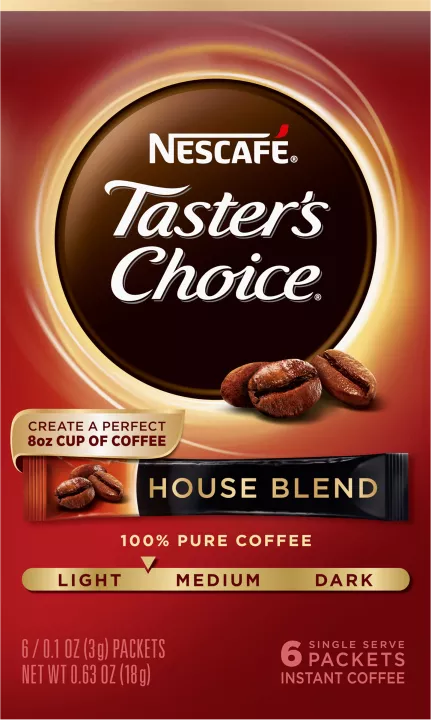 A red box of Taster’s Choice House Blend instant packets with coffee beans near the Taster's Choice logo.