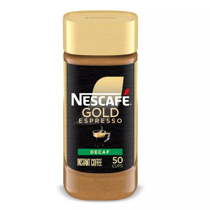 Vista frontal centrada de un frasco de 90 gramos de café instantáneo NESCAFE GOLD Decaf Espresso.
