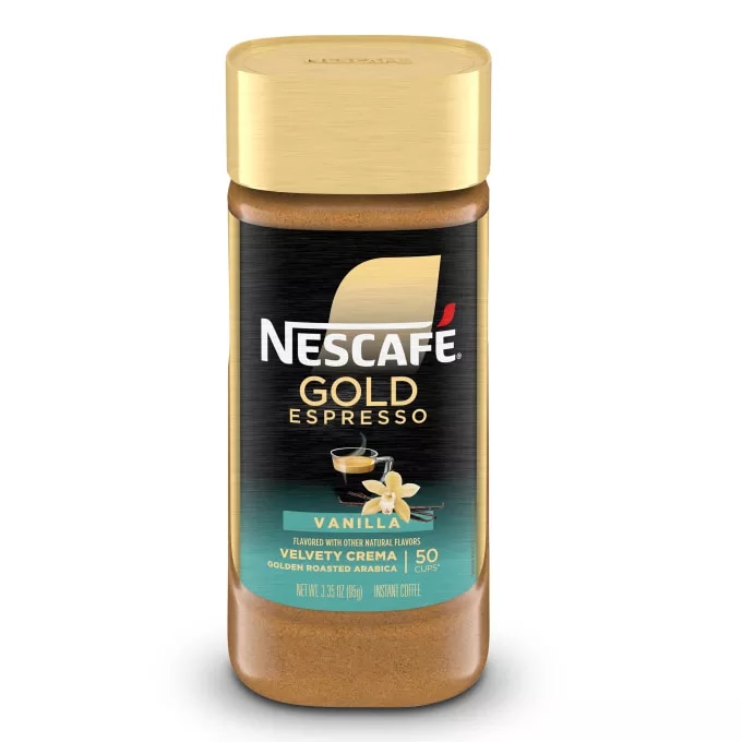 Front Center view of NESCAFE GOLD Vanilla Flavored Instant Coffee 95g Jar NET WT 3.35 OZ (95g) product.