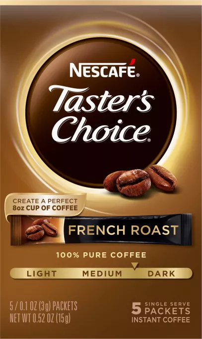 A brown box of Taster’s Choice French Roast instant packets.