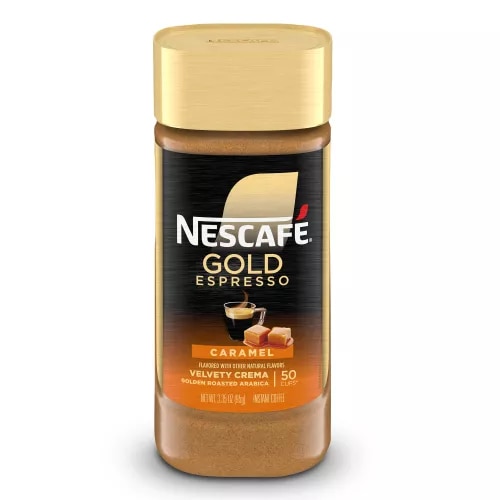 Front Center view of NESCAFE Gold Caramel Flavored Instant Coffee 95g Jar NET WT 3.35 OZ (95g) product.