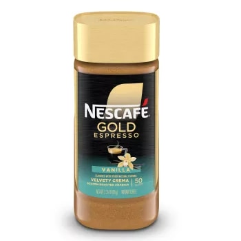 Front Center view of NESCAFE GOLD Vanilla Flavored Instant Coffee 95g Jar NET WT 3.35 OZ (95g) product.