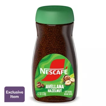 Vista frontal centrada de frasco de 120 g de café instantáneo NESCAFÉ sabor Avellanas.