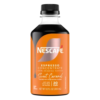 Vista frontal centrada de frasco de NESCAFE Espresso Concentrate sabor Caramel de 300 ml.