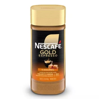 Front Center view of NESCAFE Gold Caramel Flavored Instant Coffee 95g Jar NET WT 3.35 OZ (95g) product.