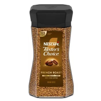 A jar of Taster’s Choice French Roast with a black cap and gold label.