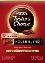 A red box of Taster’s Choice House Blend instant packets