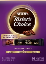 Una caja violeta de paquetes de café instantáneo colombiano Taster’s Choice.