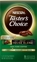 Una caja verde de sobrecitos de café instantáneo descafeinado Taster’s Choice House Blend.
