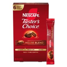 A red box of Taster’s Choice House Blend instant packets with coffee beans near the Taster's Choice logo.
