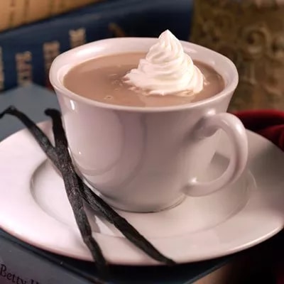 Fotografía de taza de chocolate caliente con crema batida y vainas de vainilla