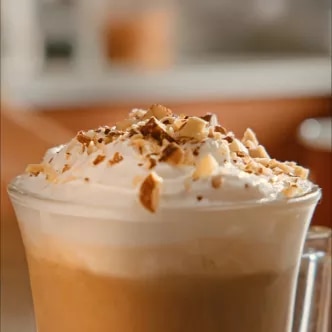 Fotografía de café con espuma, crema montada, caramelo y trozos de nuez en taza de vidrio