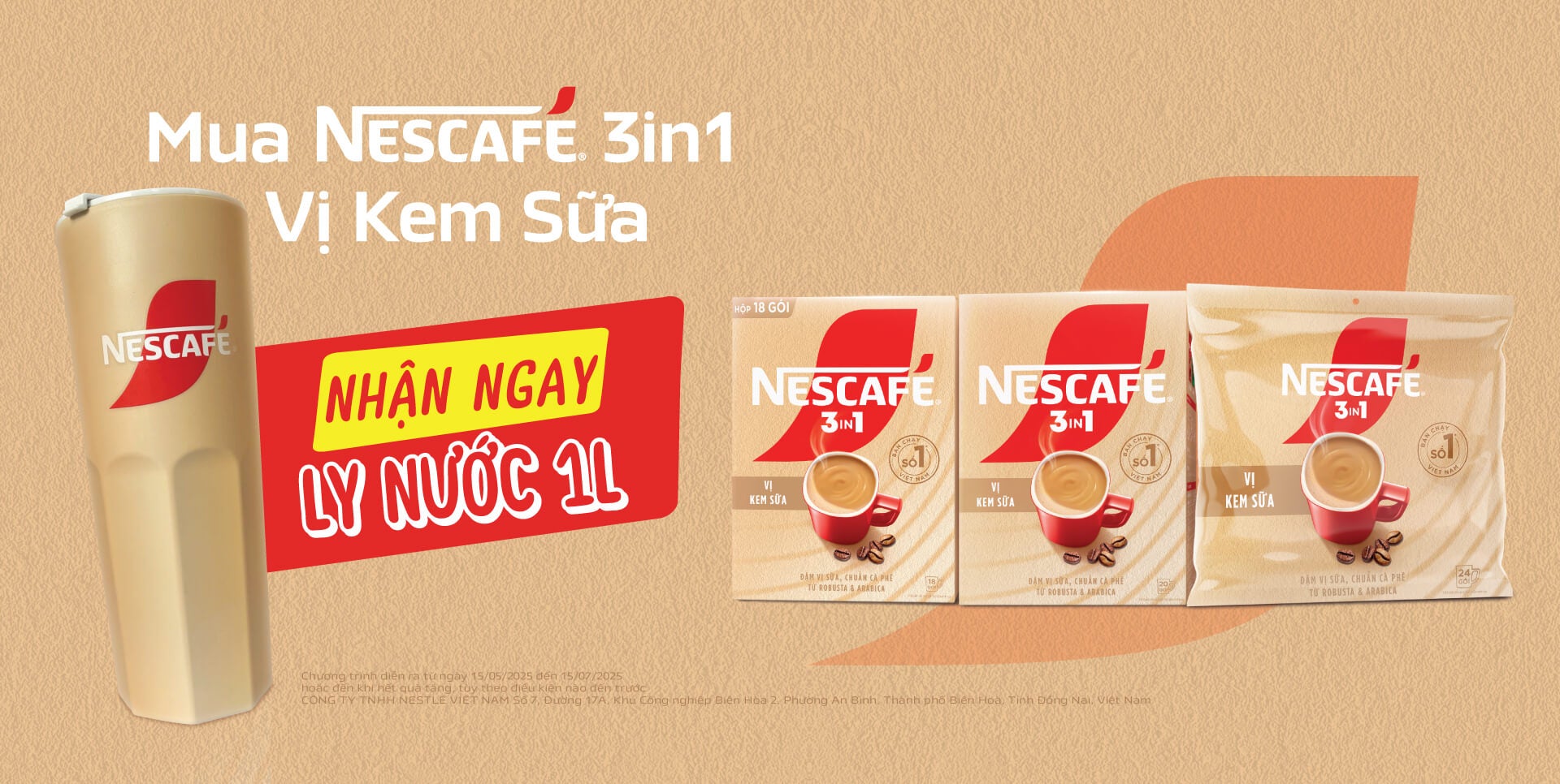 Chương trình khuyến mại tặng kèm quà bình nước 1L cho sản phẩm NCF 3in1 Vị Kem sữa